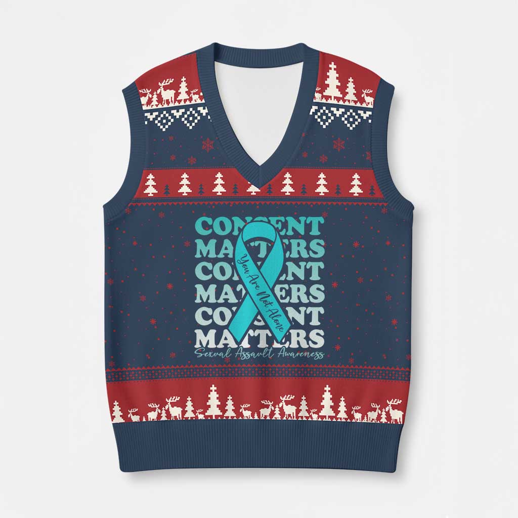 Sexual Assault Awareness Month V-Neck Knit Sweater Vest Teal Ribbon Consent Matters You Are Not Alone