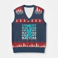 Sexual Assault Awareness Month V-Neck Knit Sweater Vest Teal Ribbon Consent Matters You Are Not Alone