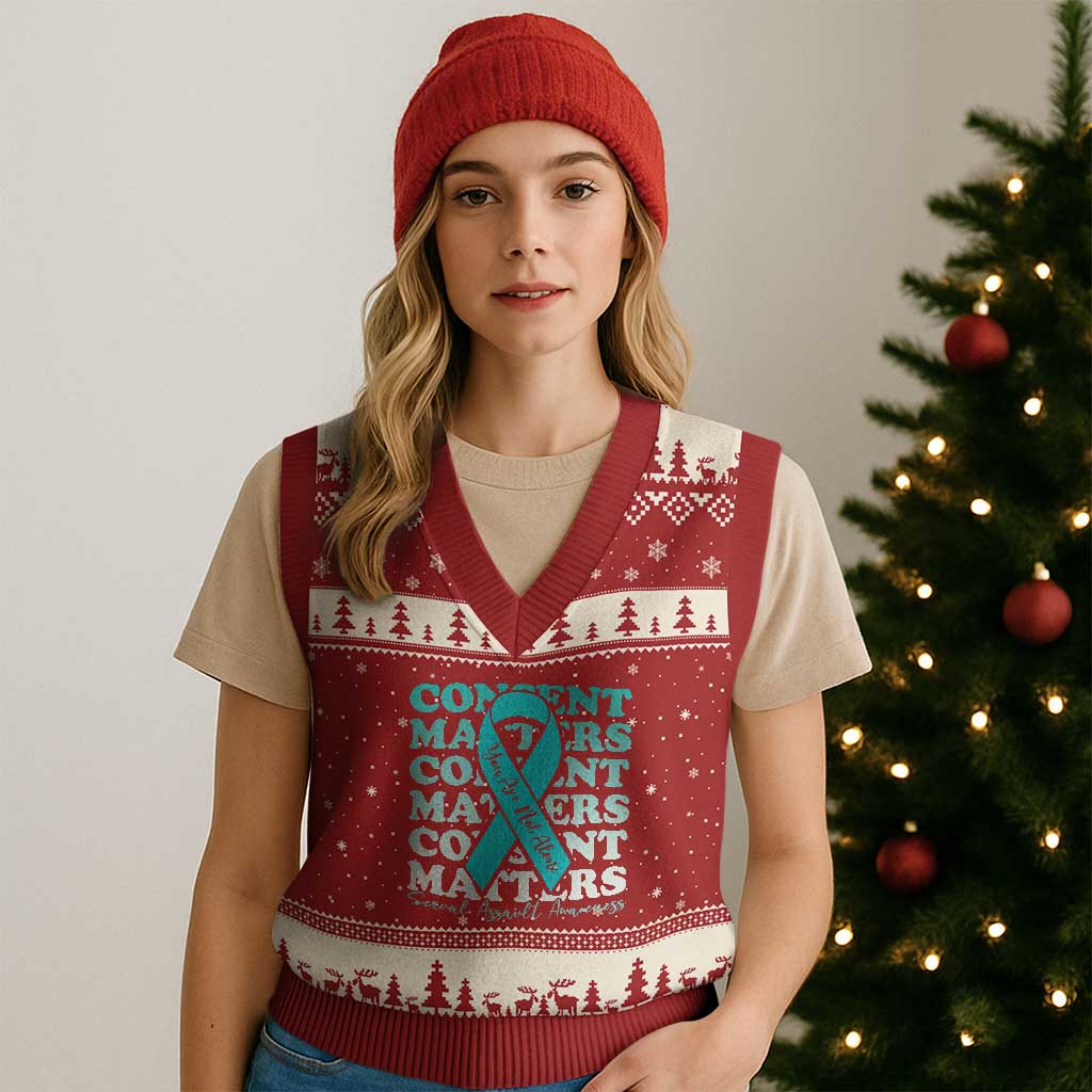 Sexual Assault Awareness Month V-Neck Knit Sweater Vest Teal Ribbon Consent Matters You Are Not Alone