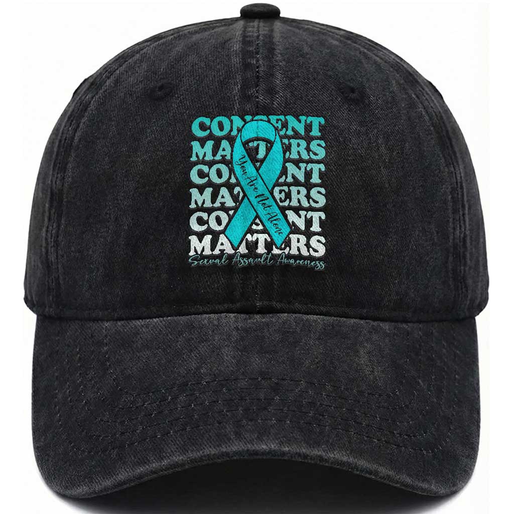 Sexual Assault Awareness Month Washed Cotton Baseball Cap Teal Ribbon Consent Matters You Are Not Alone