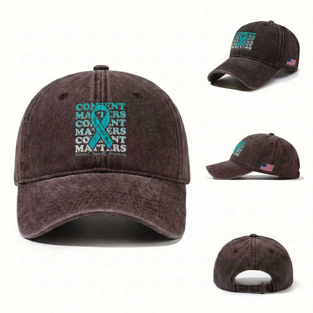 Sexual Assault Awareness Month Washed Cotton Baseball Cap Teal Ribbon Consent Matters You Are Not Alone