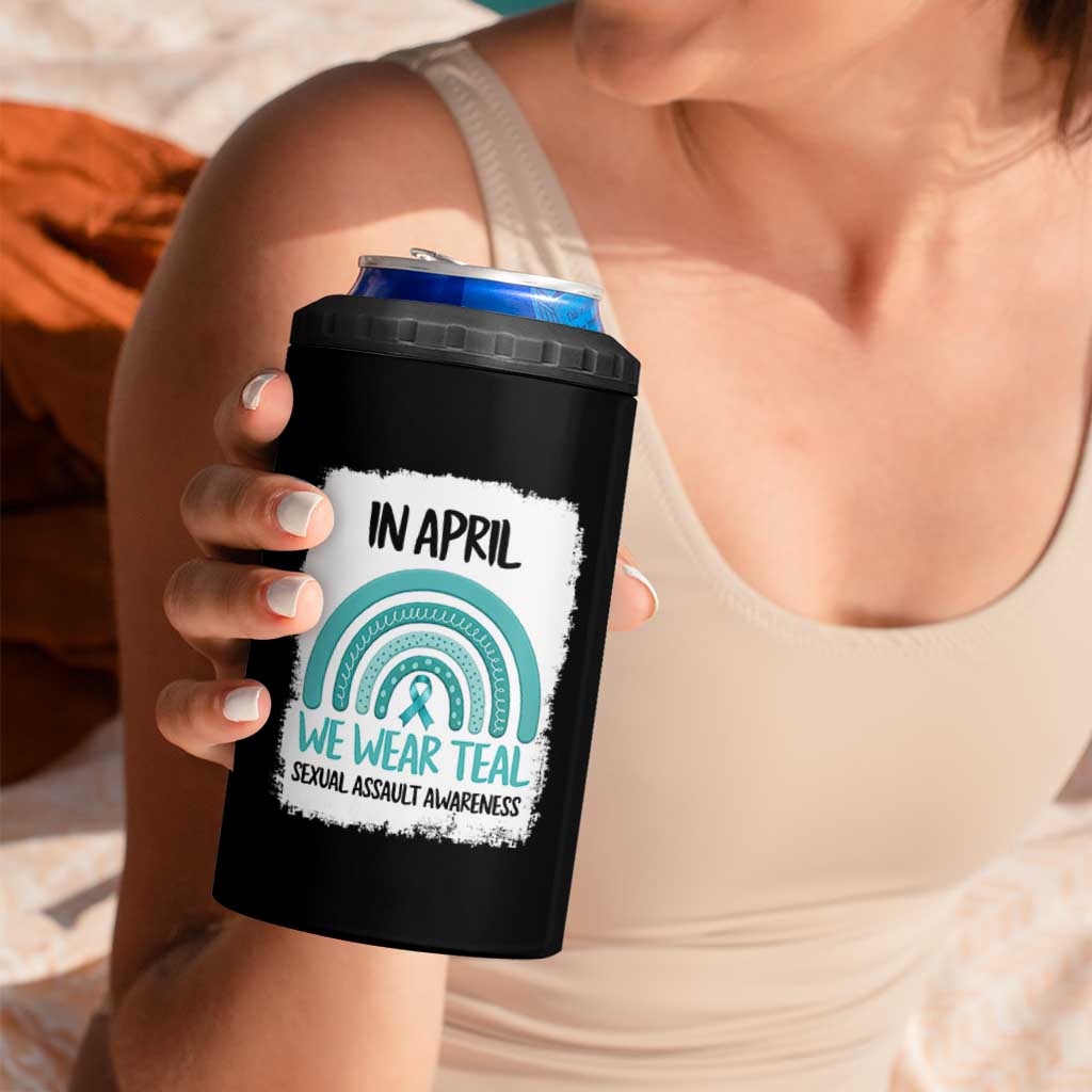 Sexual Assault Awareness 4 in 1 Can Cooler Tumbler In April We Wear Teal Ribbon