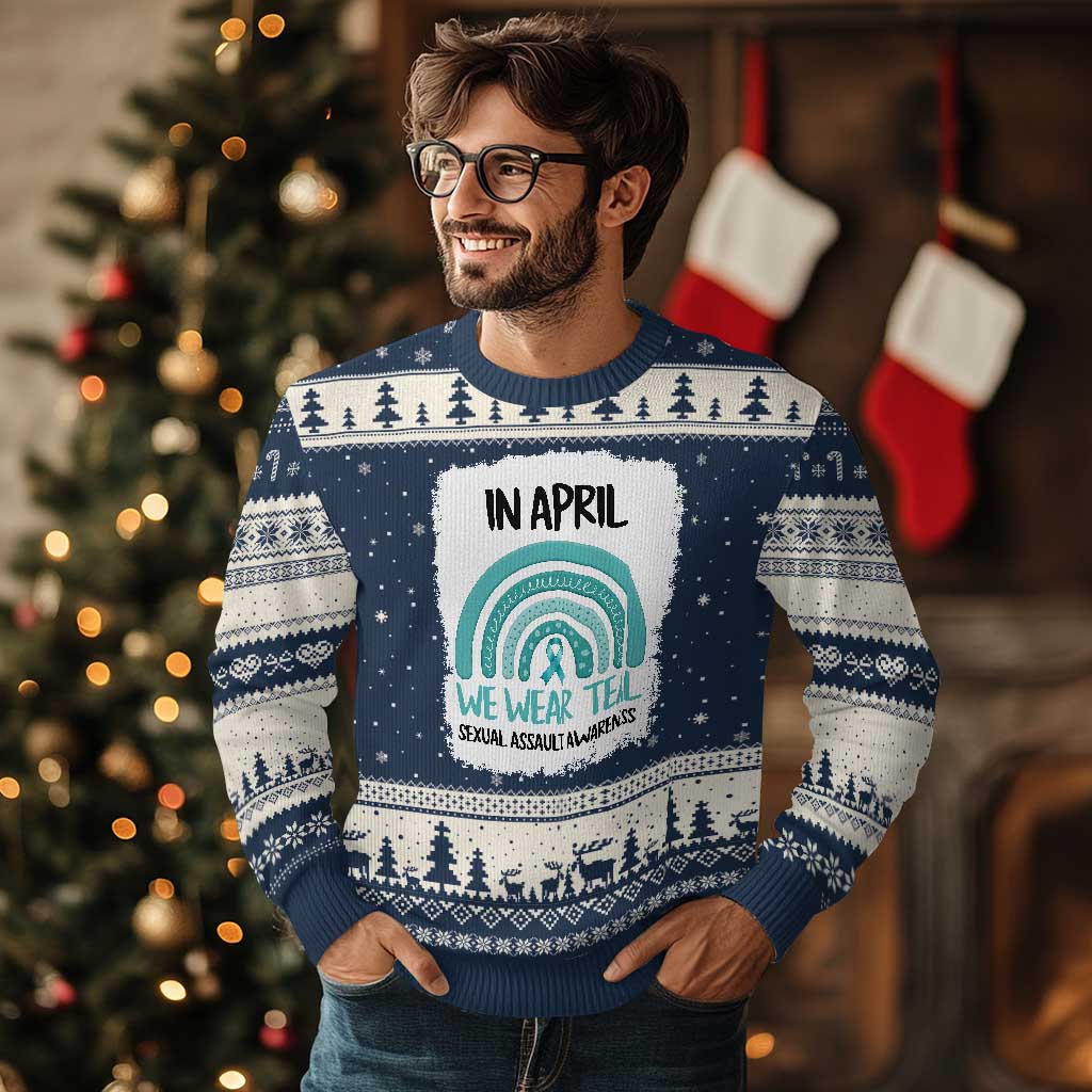 Sexual Assault Awareness Ugly Christmas Sweater In April We Wear Teal Ribbon