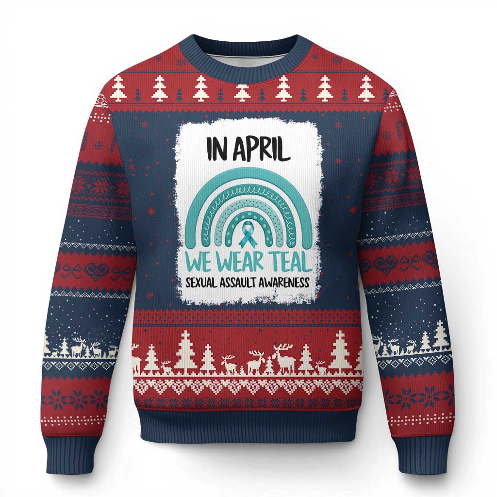 Sexual Assault Awareness Ugly Christmas Sweater In April We Wear Teal Ribbon