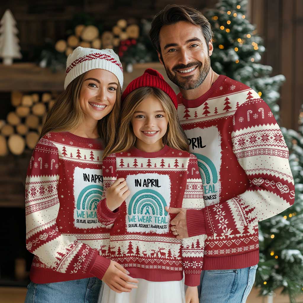 Sexual Assault Awareness Ugly Christmas Sweater In April We Wear Teal Ribbon