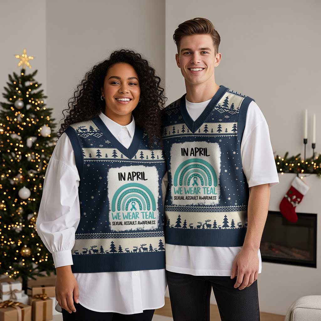 Sexual Assault Awareness V-Neck Knit Sweater Vest In April We Wear Teal Ribbon