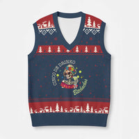 Cinco De Drinko Bitchachos V-Neck Knit Sweater Vest Funny Skeleton Drinking Margarita Fiesta Party