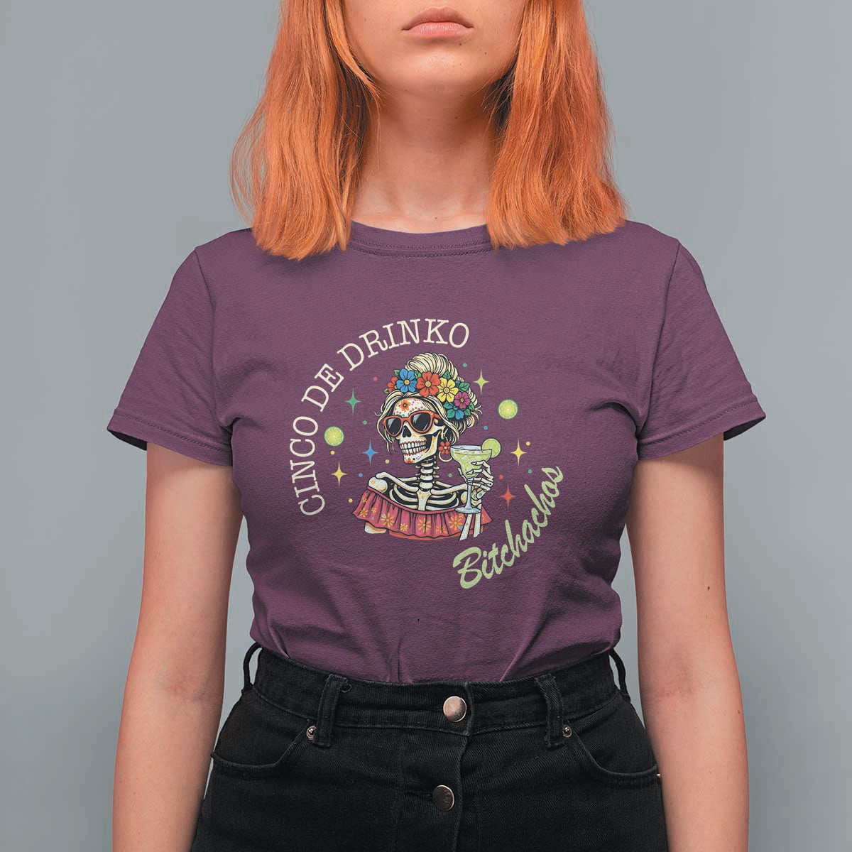 Cinco De Drinko Bitchachos T Shirt For Women Funny Skeleton Drinking Margarita Fiesta Party