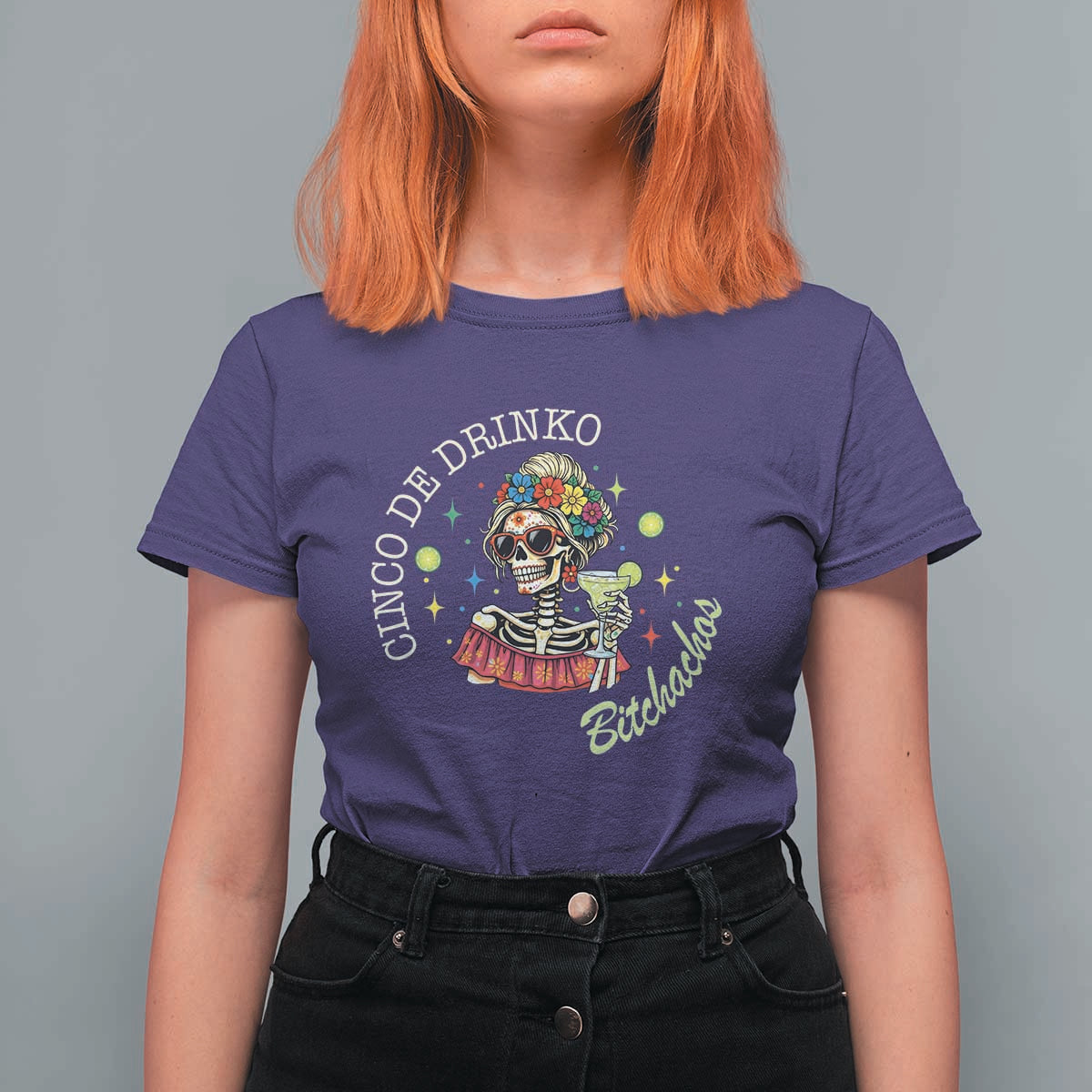 Cinco De Drinko Bitchachos T Shirt For Women Funny Skeleton Drinking Margarita Fiesta Party
