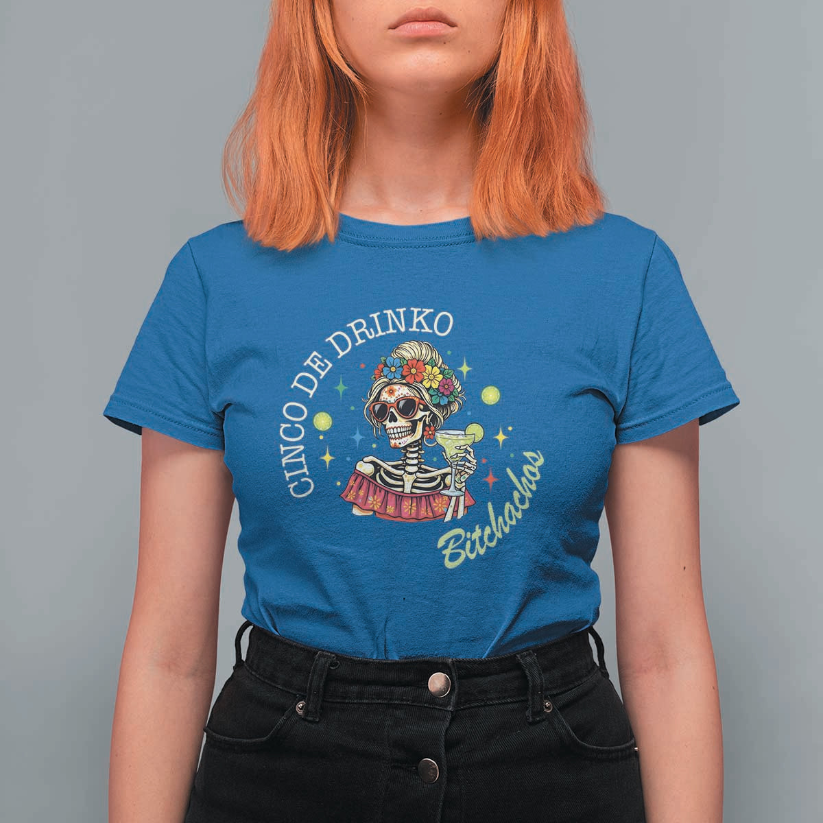 Cinco De Drinko Bitchachos T Shirt For Women Funny Skeleton Drinking Margarita Fiesta Party