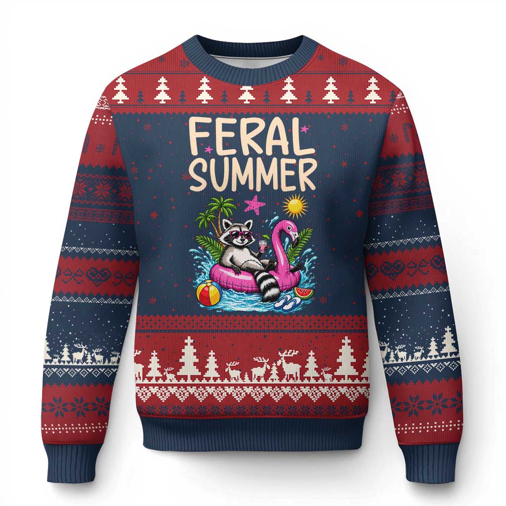 Funny Beach Raccoon Ugly Christmas Sweater Feral Summer Vacation Gift