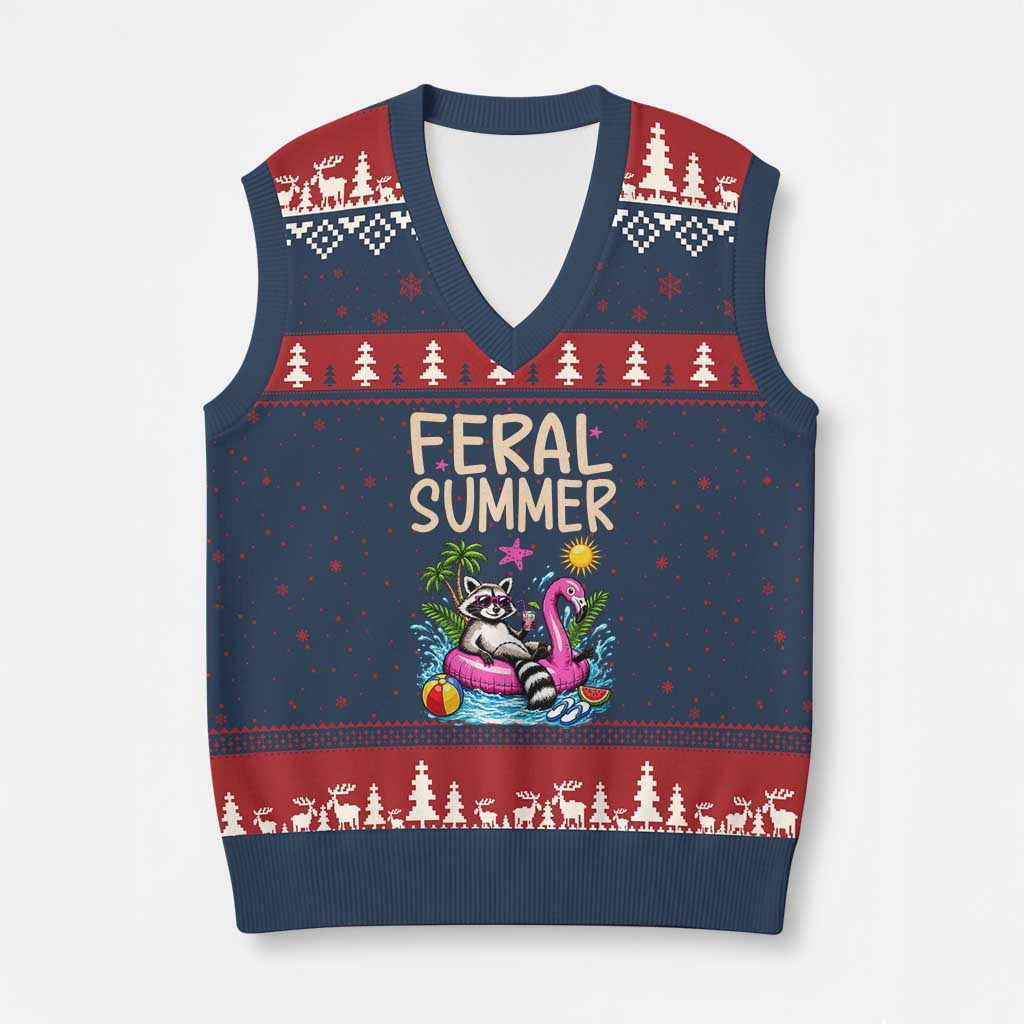 Funny Beach Raccoon V-Neck Knit Sweater Vest Feral Summer Vacation Gift