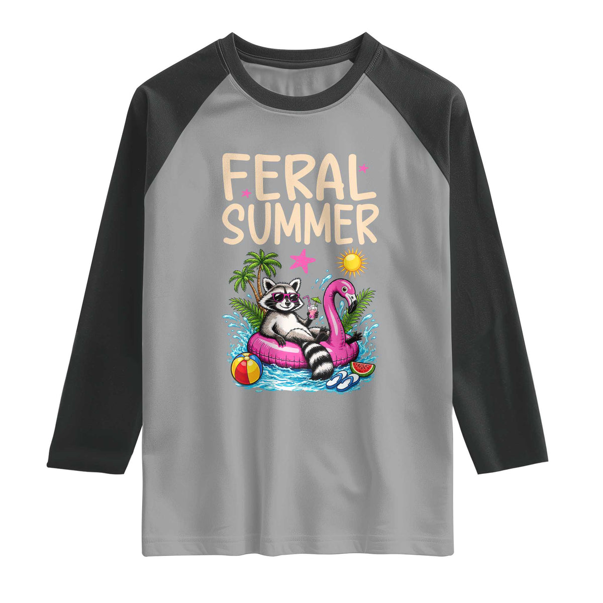 Funny Beach Raccoon Raglan Shirt Feral Summer Vacation Gift