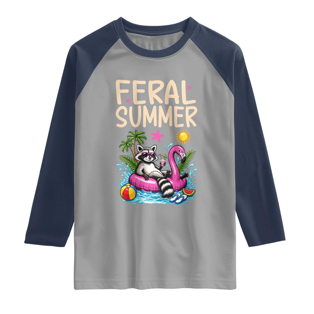 Funny Beach Raccoon Raglan Shirt Feral Summer Vacation Gift