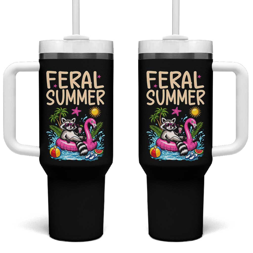 Funny Beach Raccoon Tumbler With Handle Feral Summer Vacation Gift