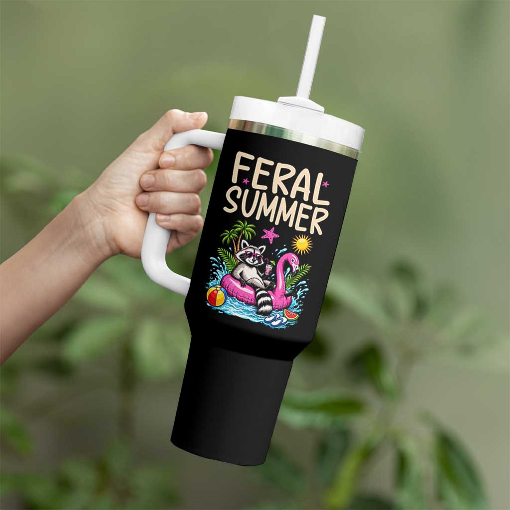 Funny Beach Raccoon Tumbler With Handle Feral Summer Vacation Gift