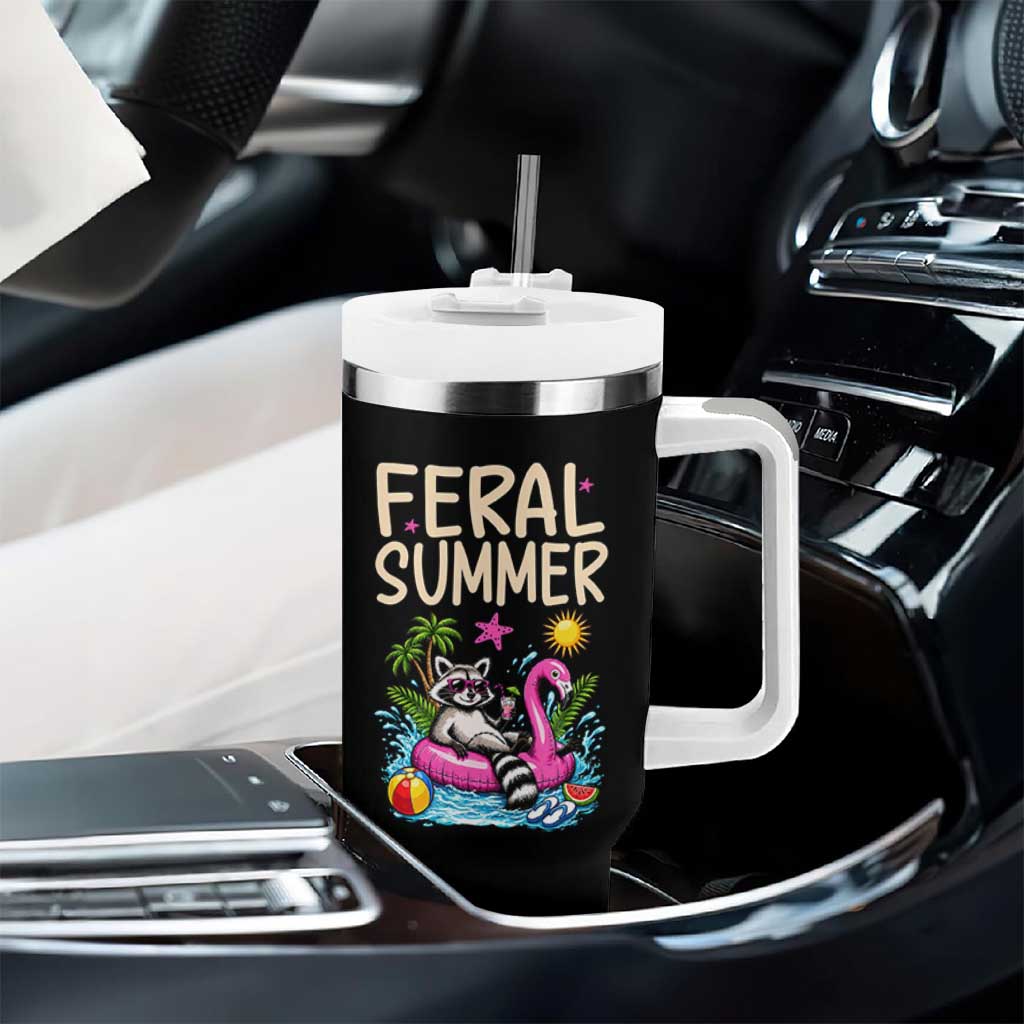 Funny Beach Raccoon Tumbler With Handle Feral Summer Vacation Gift