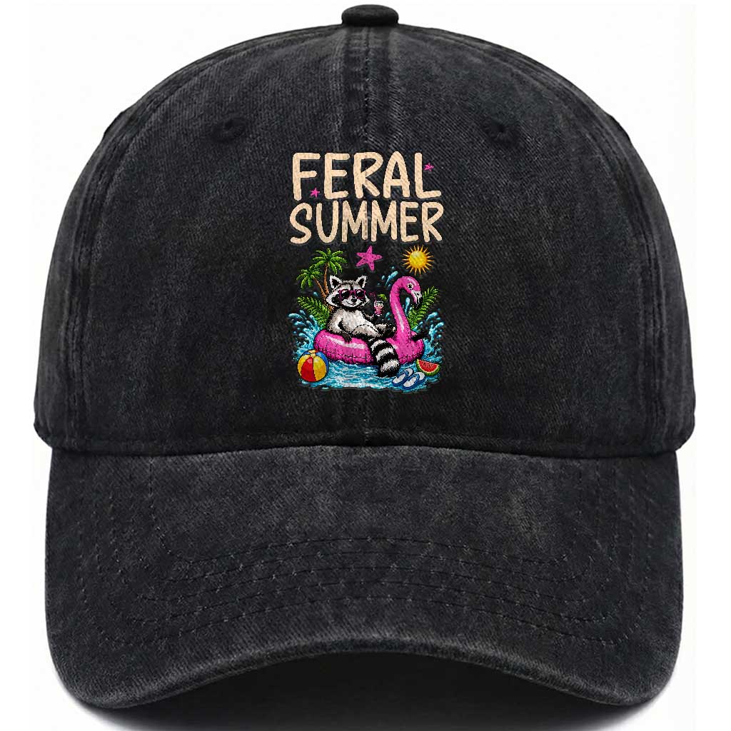 Funny Beach Raccoon Washed Cotton Baseball Cap Feral Summer Vacation Gift