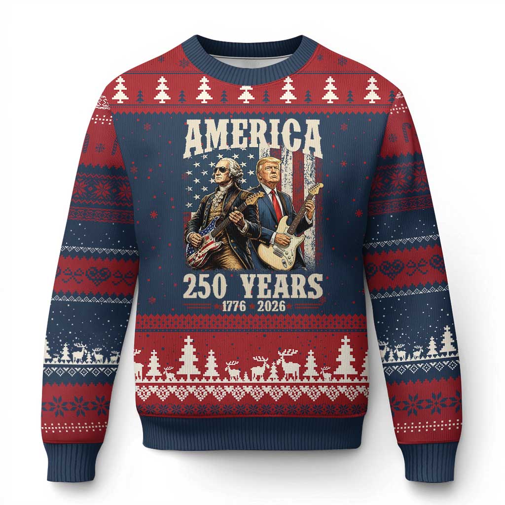 250 Years America Anniversary Ugly Christmas Sweater Vintage President Playing Guitar 4th of July