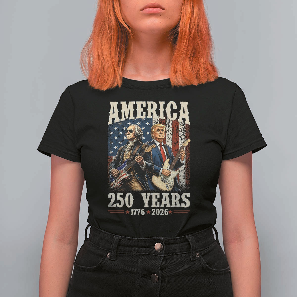 250 Years America Anniversary T Shirt For Women Vintage President Playing Guitar 4th of July