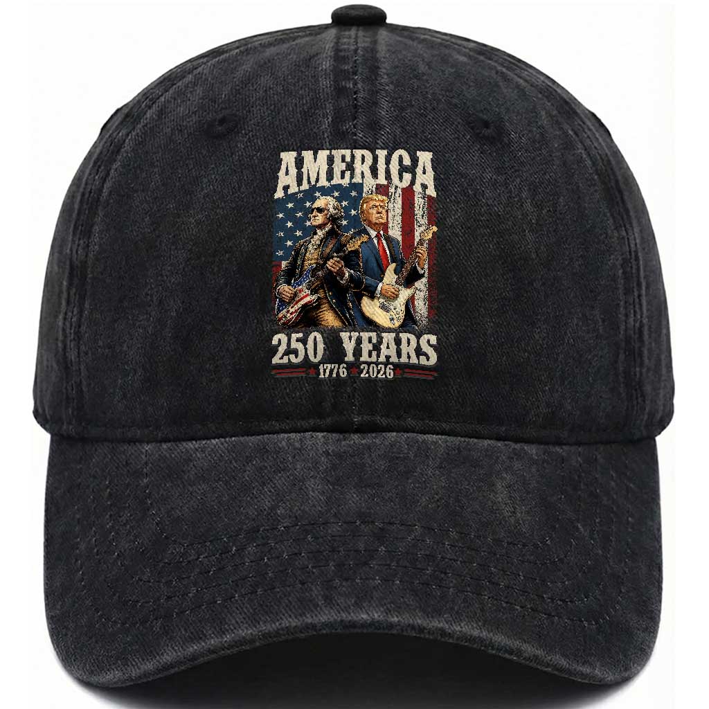 250 Years America Anniversary Washed Cotton Baseball Cap Vintage President Playing Guitar 4th of July