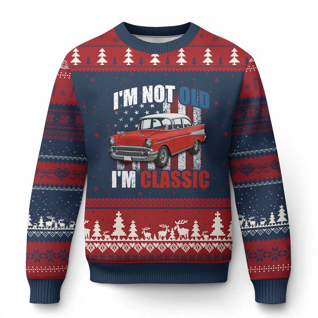 I'm Not Old I'm Classic Ugly Christmas Sweater American Classic Collector Car US Flag