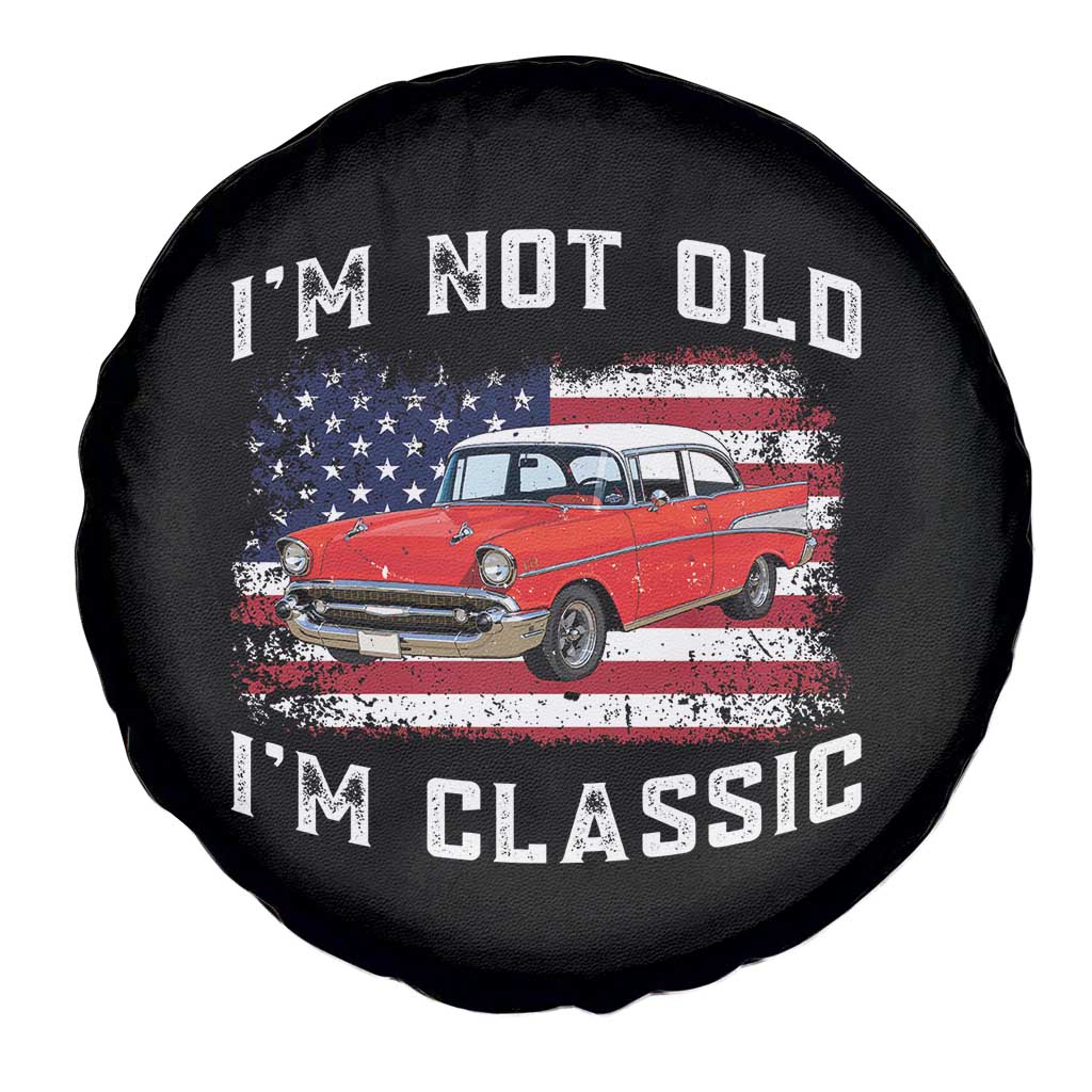 I'm Not Old I'm Classic Spare Tire Cover Vintage 1957 Hot Rod Silhouette Patriotic American Flag