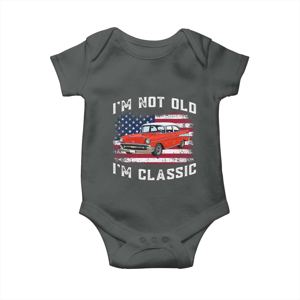 I'm Not Old I'm Classic Baby Onesie Vintage 1957 Hot Rod Silhouette Patriotic American Flag