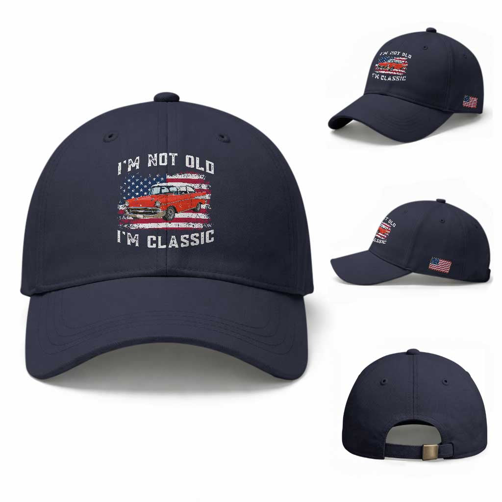 I'm Not Old I'm Classic Baseball Cap Vintage 1957 Hot Rod Silhouette Patriotic American Flag