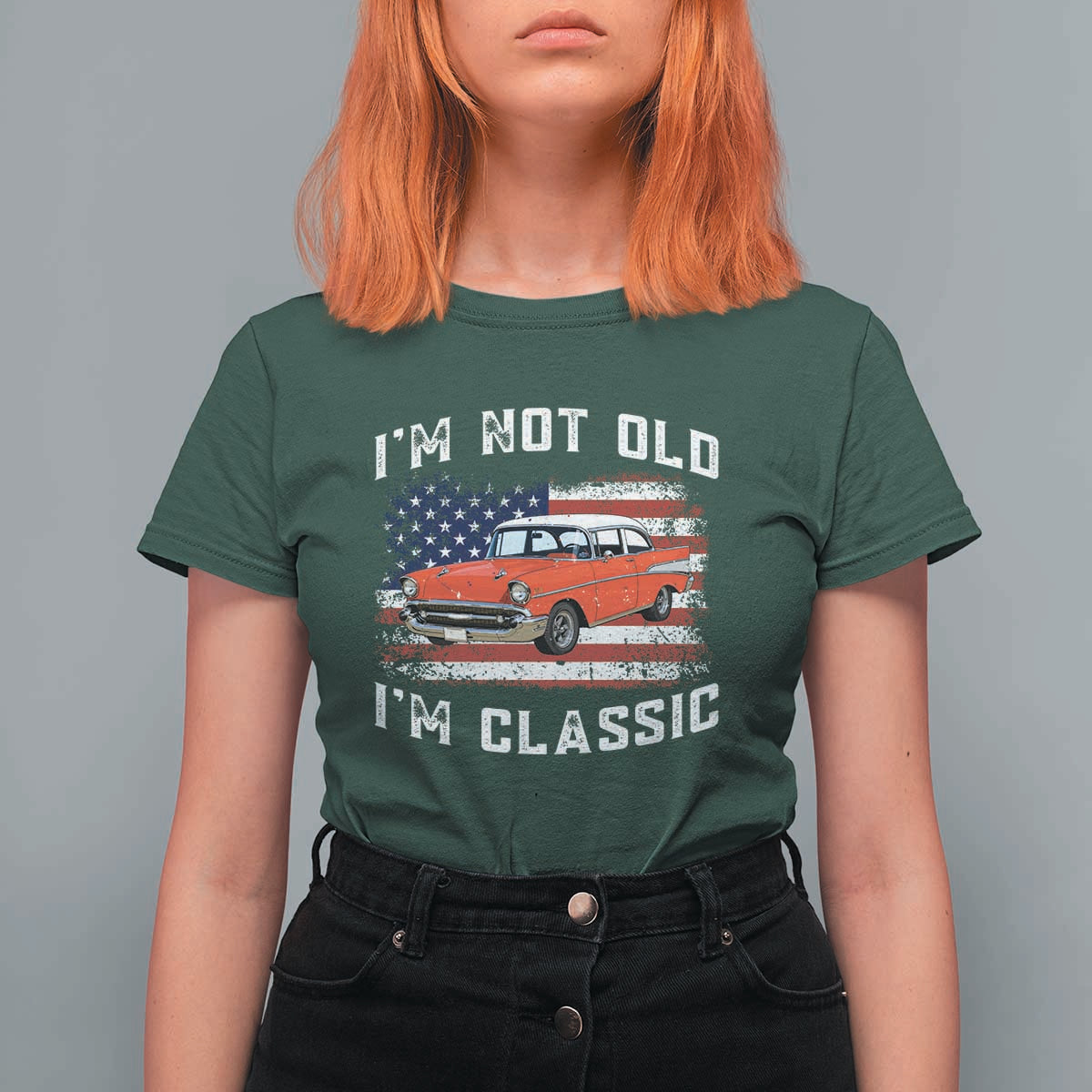 I'm Not Old I'm Classic T Shirt For Women Vintage 1957 Hot Rod Silhouette Patriotic American Flag