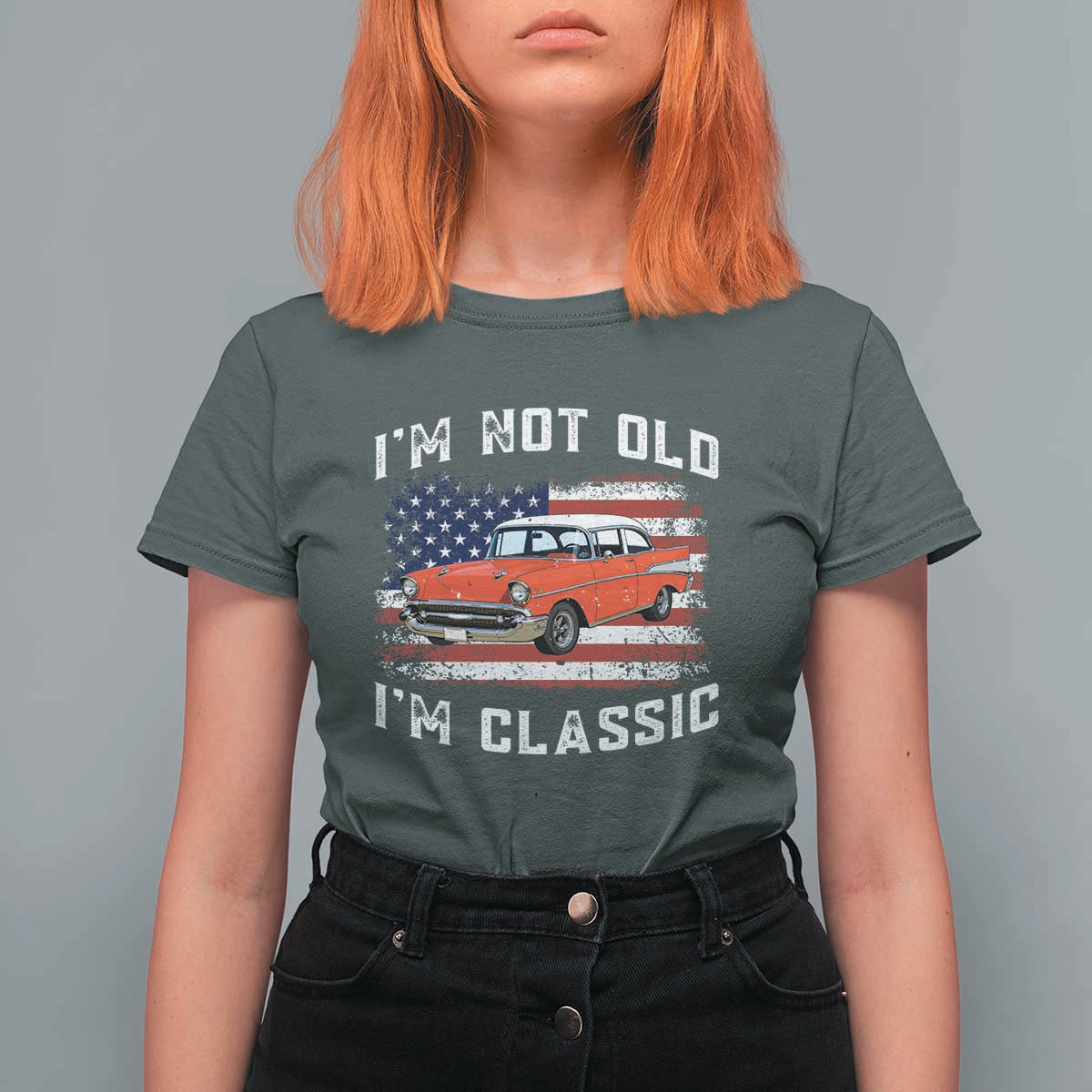 I'm Not Old I'm Classic T Shirt For Women Vintage 1957 Hot Rod Silhouette Patriotic American Flag