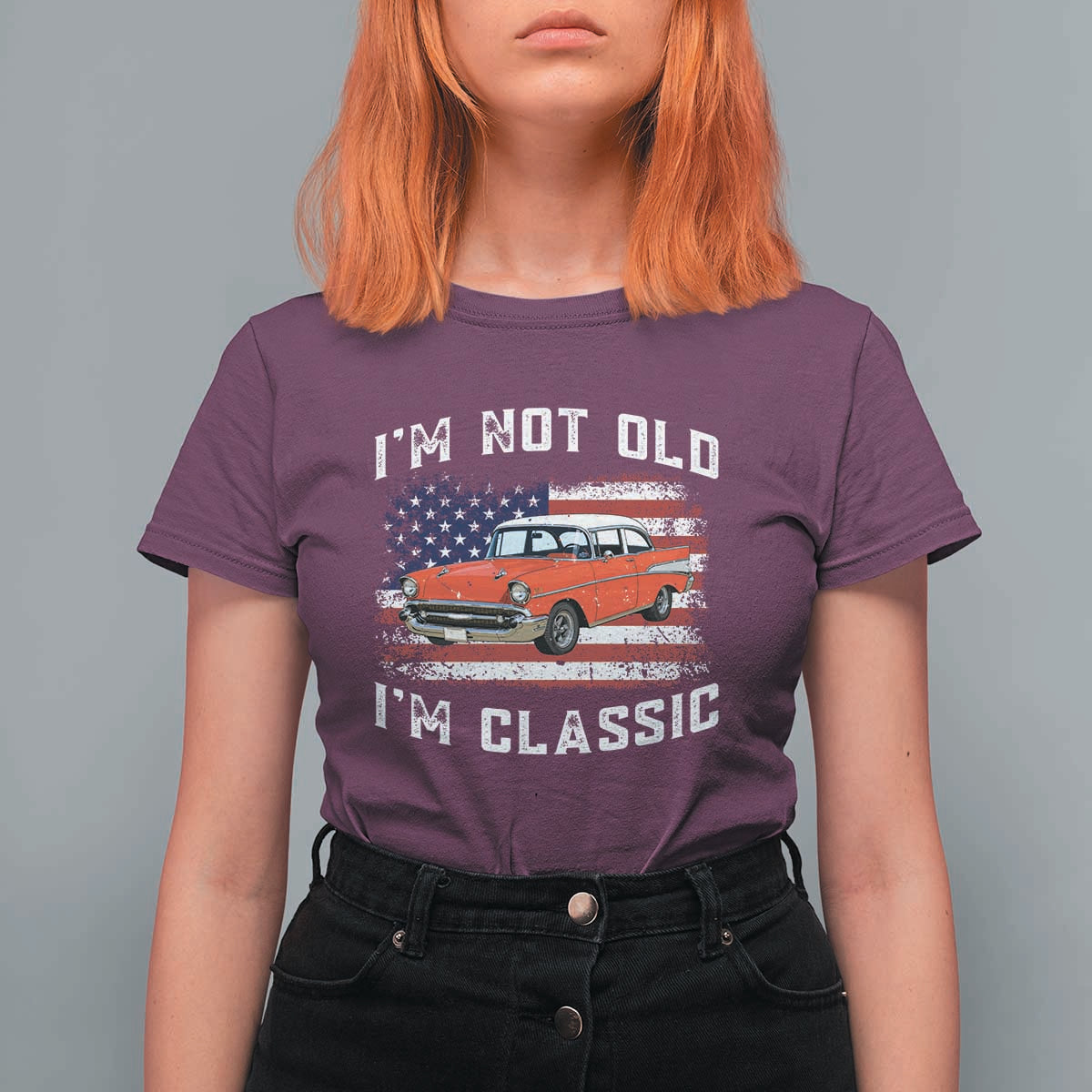 I'm Not Old I'm Classic T Shirt For Women Vintage 1957 Hot Rod Silhouette Patriotic American Flag