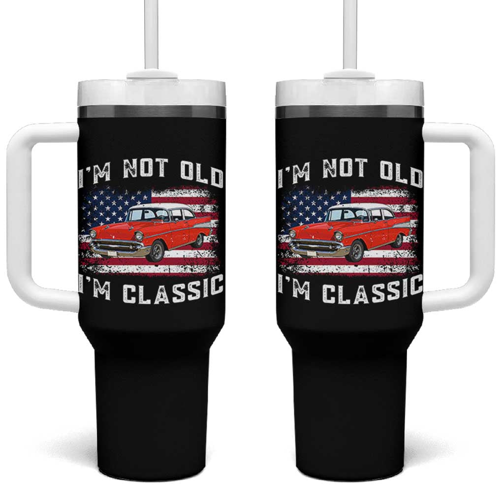 I'm Not Old I'm Classic Tumbler With Handle Vintage 1957 Hot Rod Silhouette Patriotic American Flag