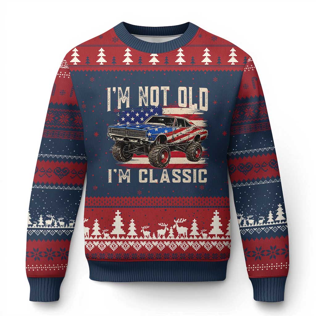 I'm Not Old I'm Classic Ugly Christmas Sweater Vintage Car American Flag 4th of July