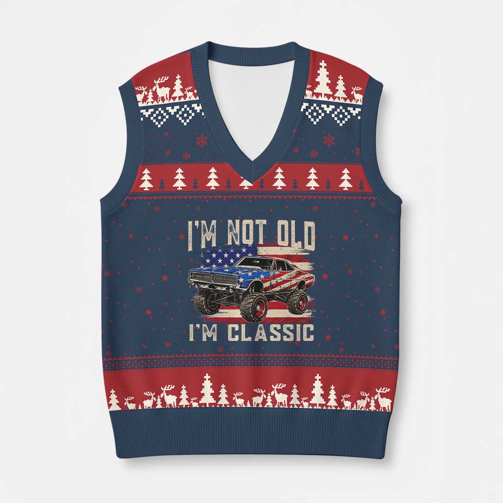 I'm Not Old I'm Classic V-Neck Knit Sweater Vest Vintage Car American Flag 4th of July
