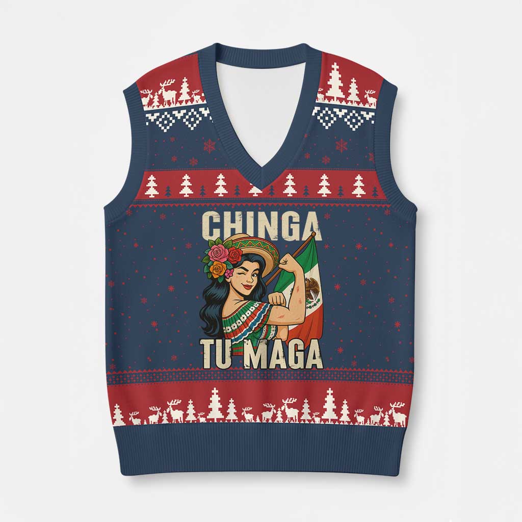 Chinga Tu Maga Protest V-Neck Knit Sweater Vest Funny Mexican Women - Wonder Print Shop