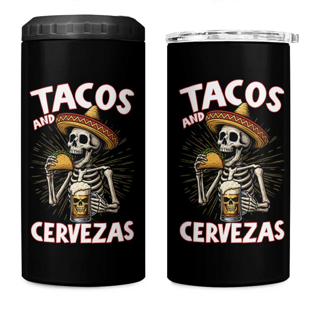 Tacos and Cervezas 4 in 1 Can Cooler Tumbler Funny Skeleton Drinking Beer Lovers