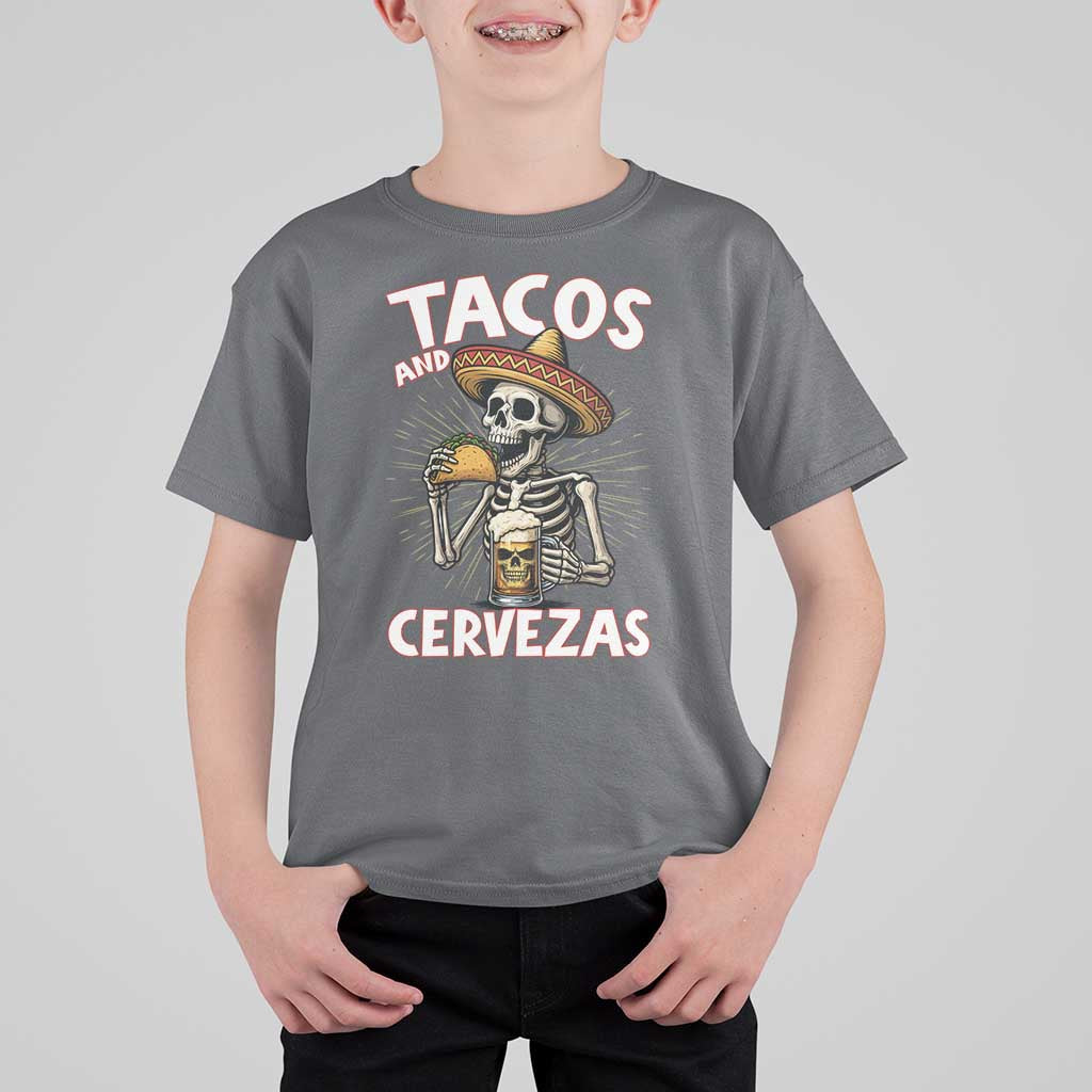 Tacos and Cervezas T Shirt For Kid Funny Skeleton Drinking Beer Lovers - Wonder Print Shop