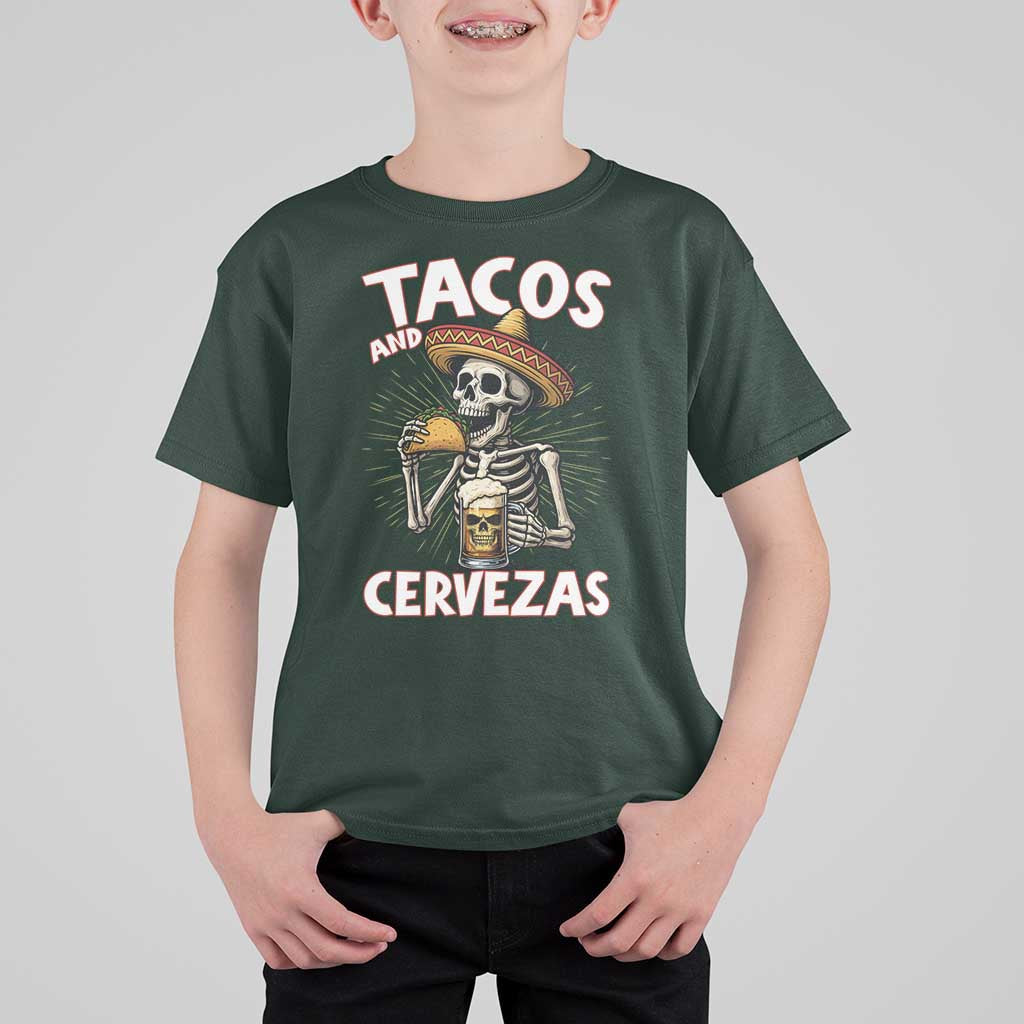 Tacos and Cervezas T Shirt For Kid Funny Skeleton Drinking Beer Lovers - Wonder Print Shop