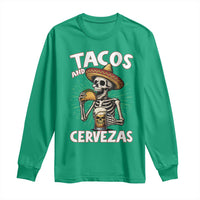 Tacos and Cervezas Long Sleeve Shirt Funny Skeleton Drinking Beer Lovers - Wonder Print Shop