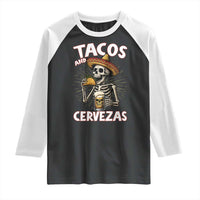 Tacos and Cervezas Raglan Shirt Funny Skeleton Drinking Beer Lovers - Wonder Print Shop