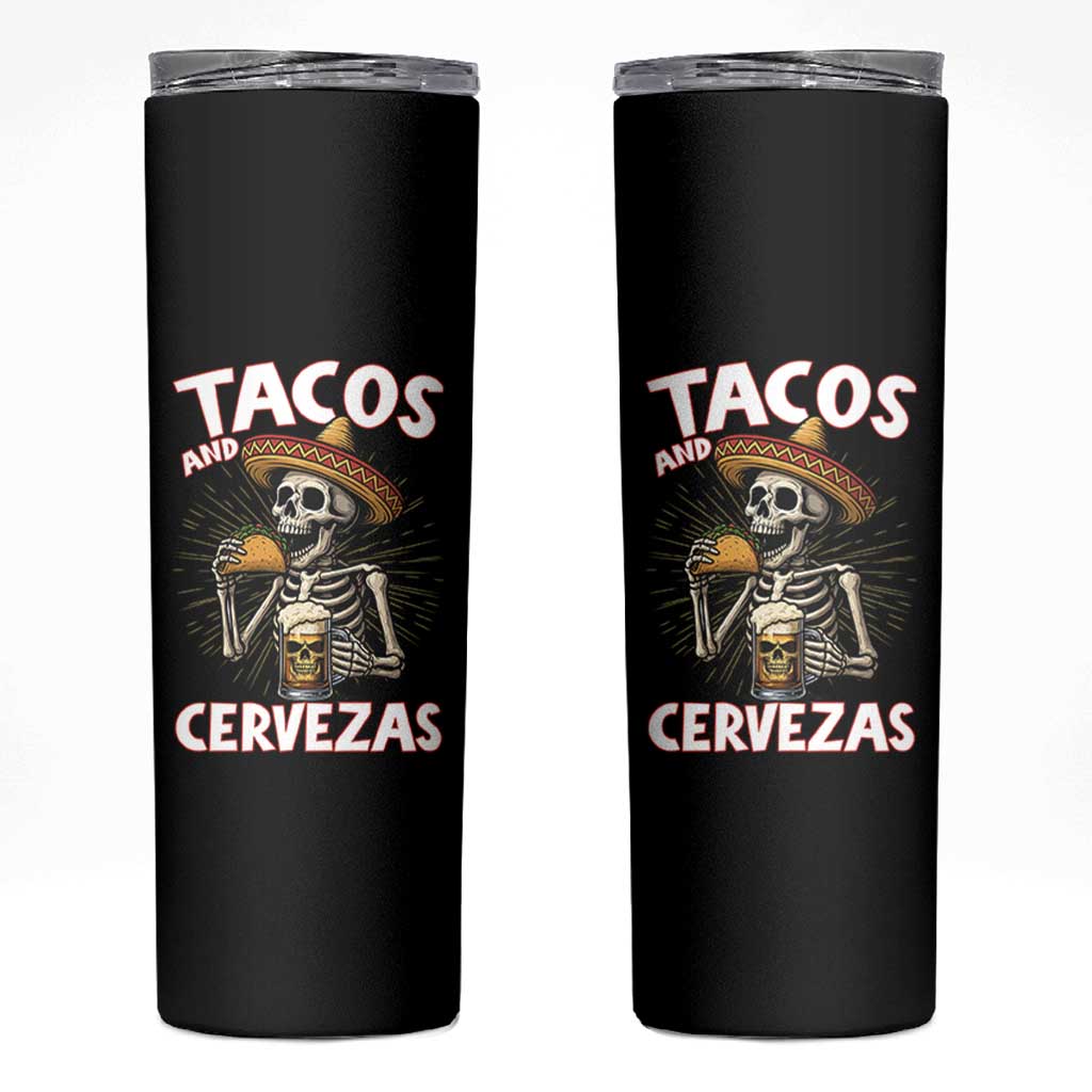 Tacos and Cervezas Skinny Tumbler Funny Skeleton Drinking Beer Lovers