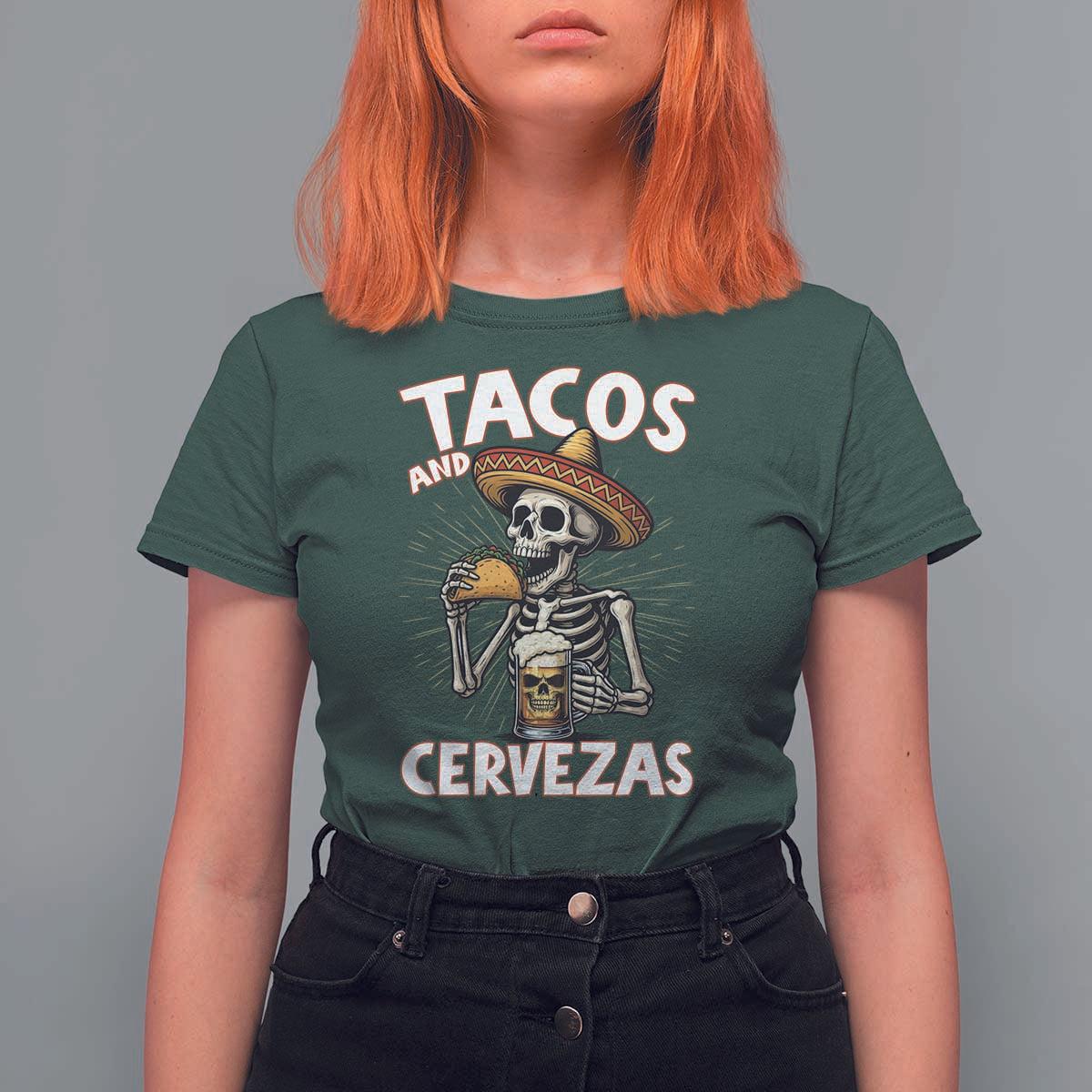 Tacos and Cervezas T Shirt For Women Funny Skeleton Drinking Beer Lovers - Wonder Print Shop