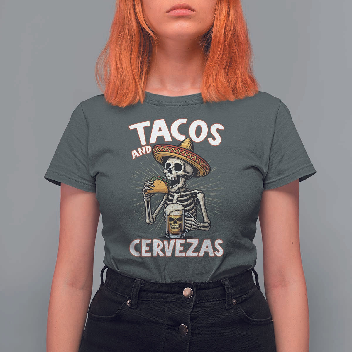 Tacos and Cervezas T Shirt For Women Funny Skeleton Drinking Beer Lovers - Wonder Print Shop