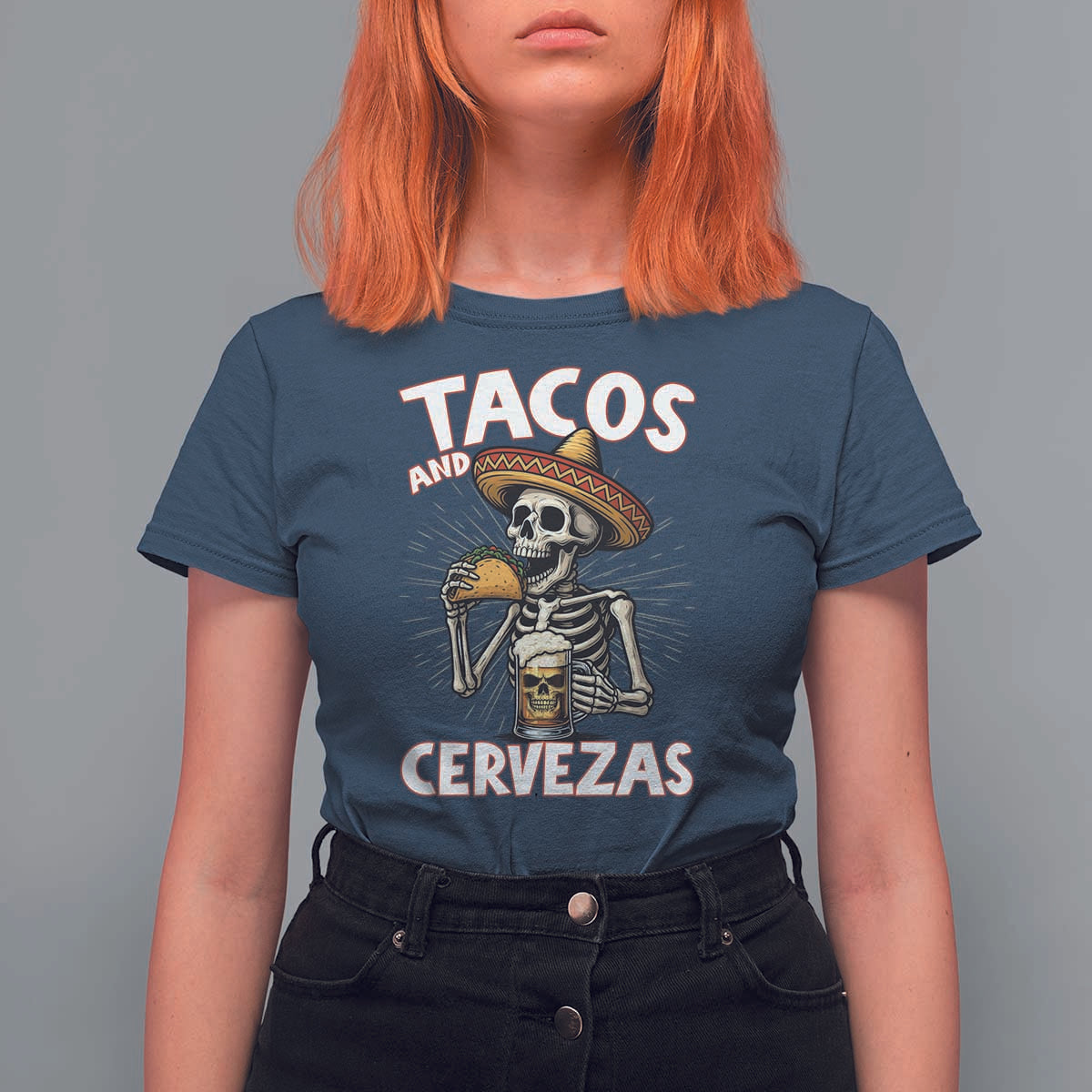 Tacos and Cervezas T Shirt For Women Funny Skeleton Drinking Beer Lovers - Wonder Print Shop