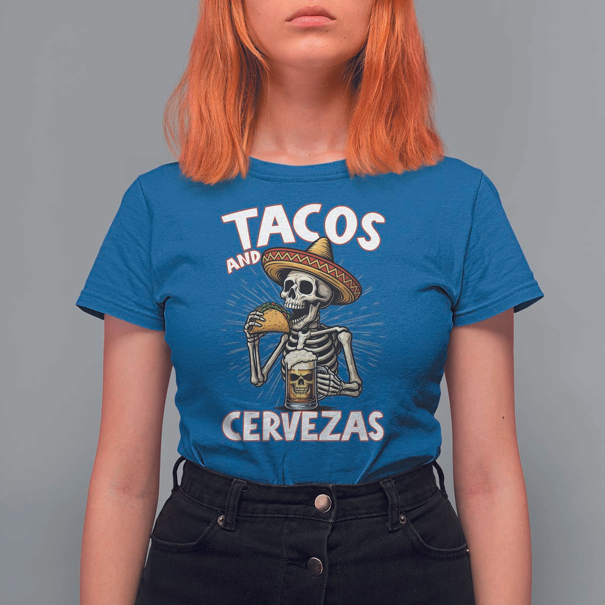 Tacos and Cervezas T Shirt For Women Funny Skeleton Drinking Beer Lovers - Wonder Print Shop