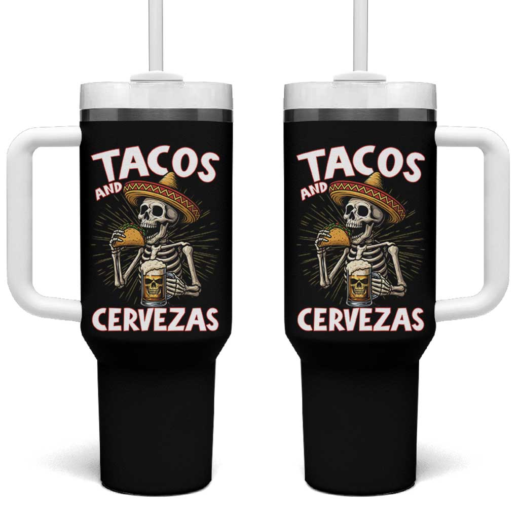Tacos and Cervezas Tumbler With Handle Funny Skeleton Drinking Beer Lovers