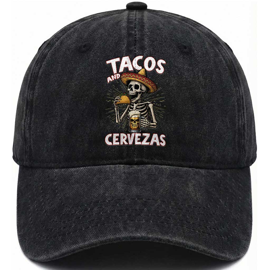 Tacos and Cervezas Washed Cotton Baseball Cap Funny Skeleton Drinking Beer Lovers