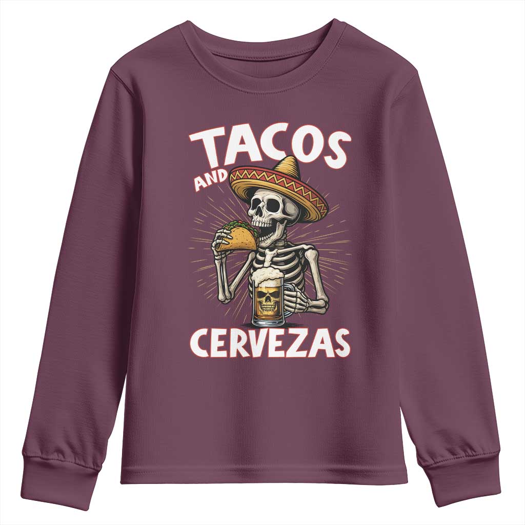 Tacos and Cervezas Youth Sweatshirt Funny Skeleton Drinking Beer Lovers - Wonder Print Shop