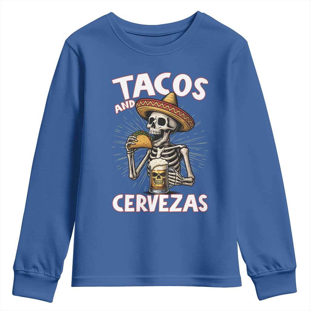 Tacos and Cervezas Youth Sweatshirt Funny Skeleton Drinking Beer Lovers - Wonder Print Shop